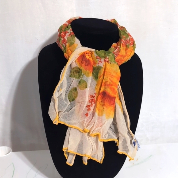 Vintage Yellow Floral Rectangle Rayon Scarf Handrolled - Picture 1 of 3